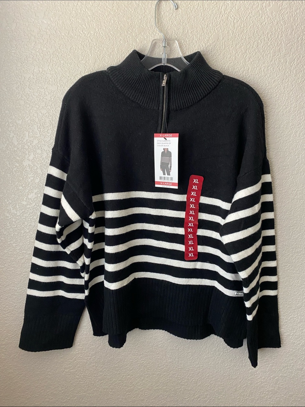 DKNY Black and White Striped Half-Zip Knit Pullover.